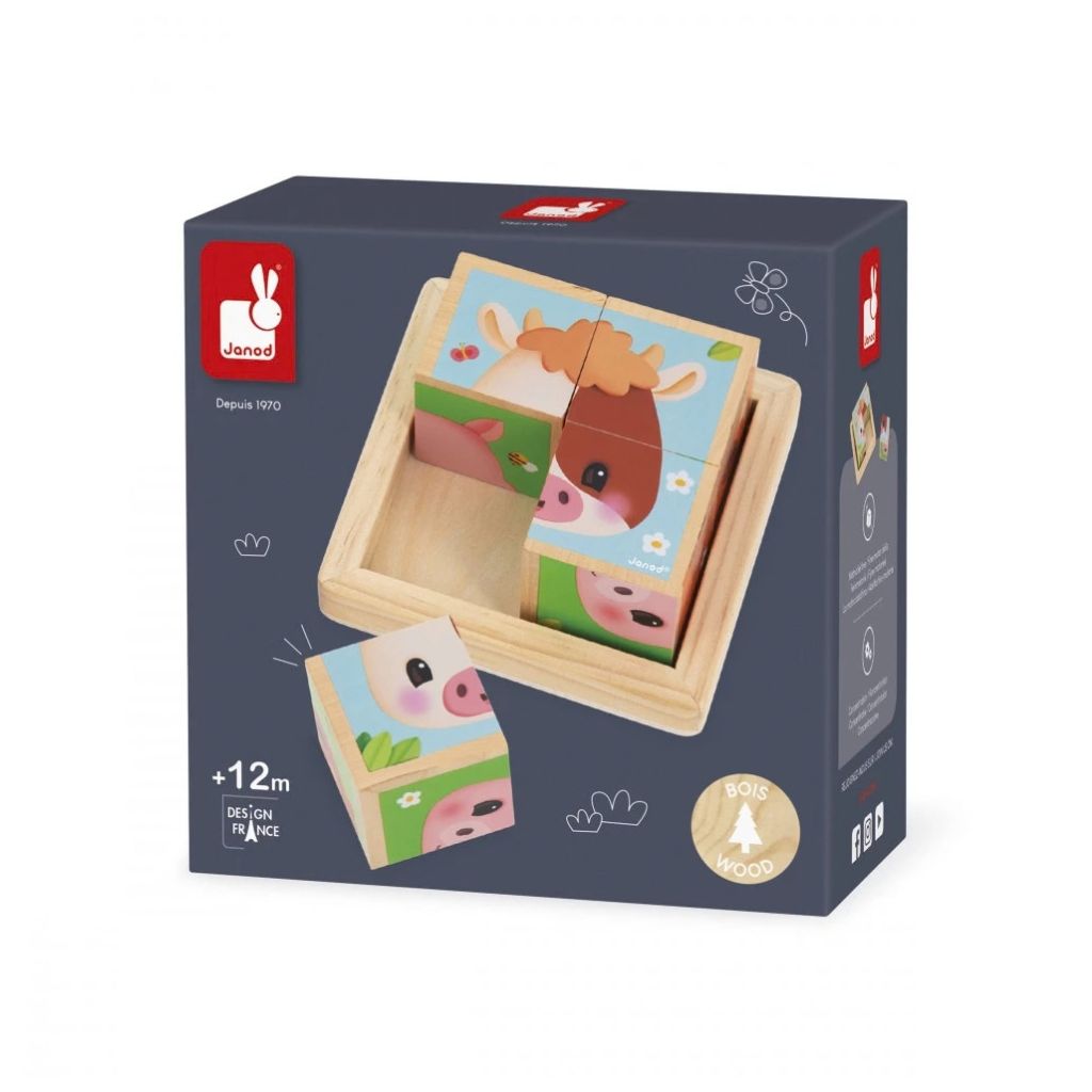 Janod Houten Puzzel Boerderij Set Van 4 Kubussen Multi