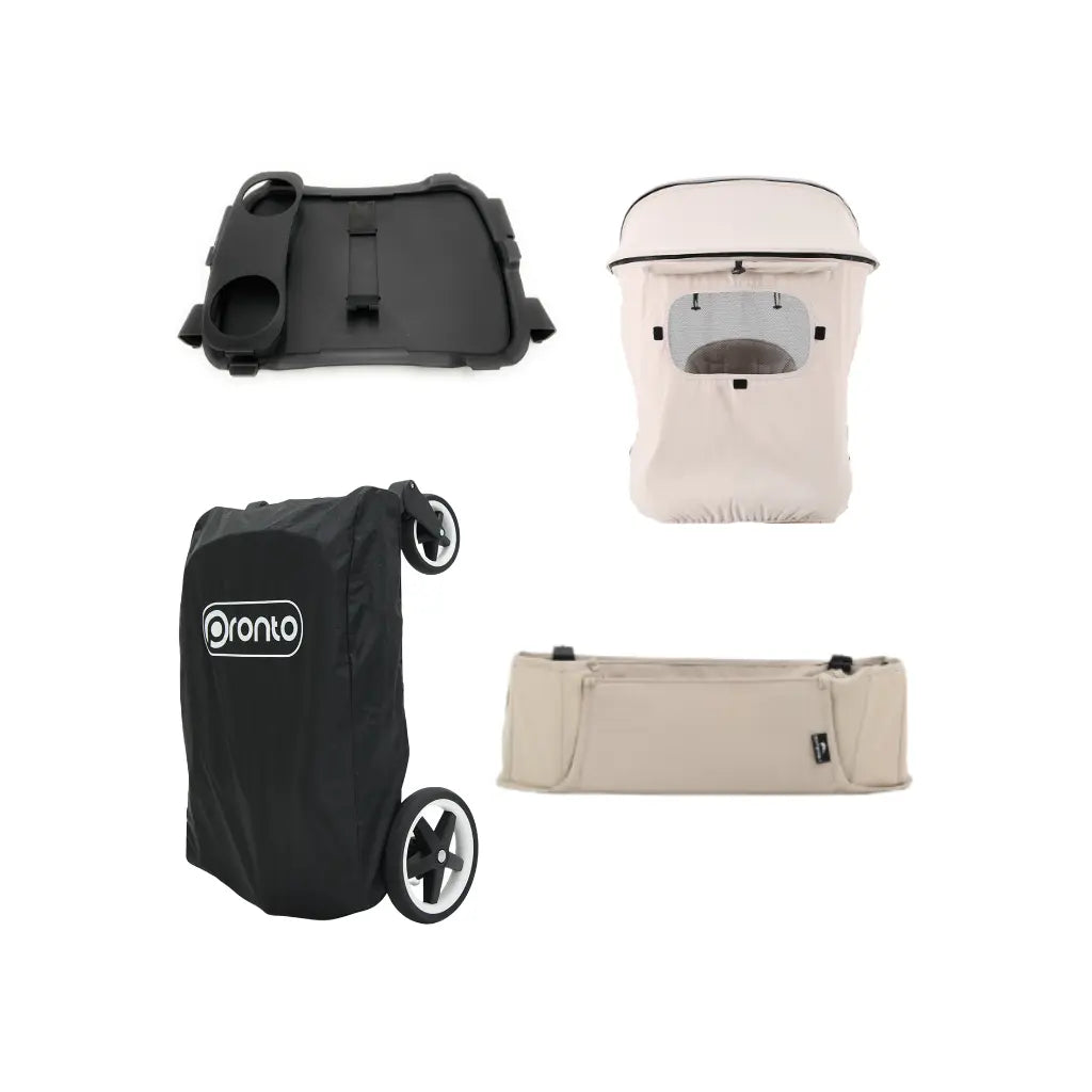 Pronto Accesoirepakket voor stroller (Tray + zonnescherm Sand Beige + secret storage box Sand Beige + GRATIS opberghoes)