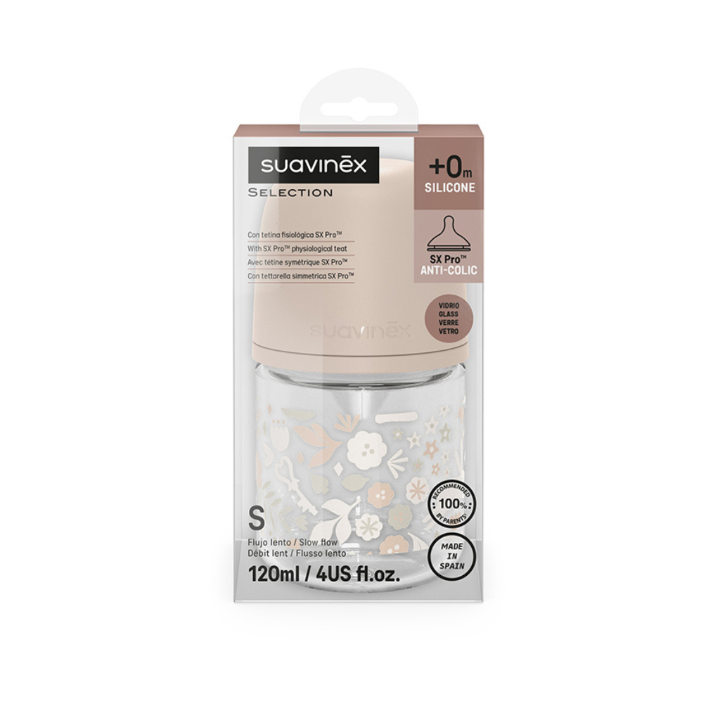 Suavinex Glazen zuigfles Wonderland 0+ trage melktoevoer 120 ml roze