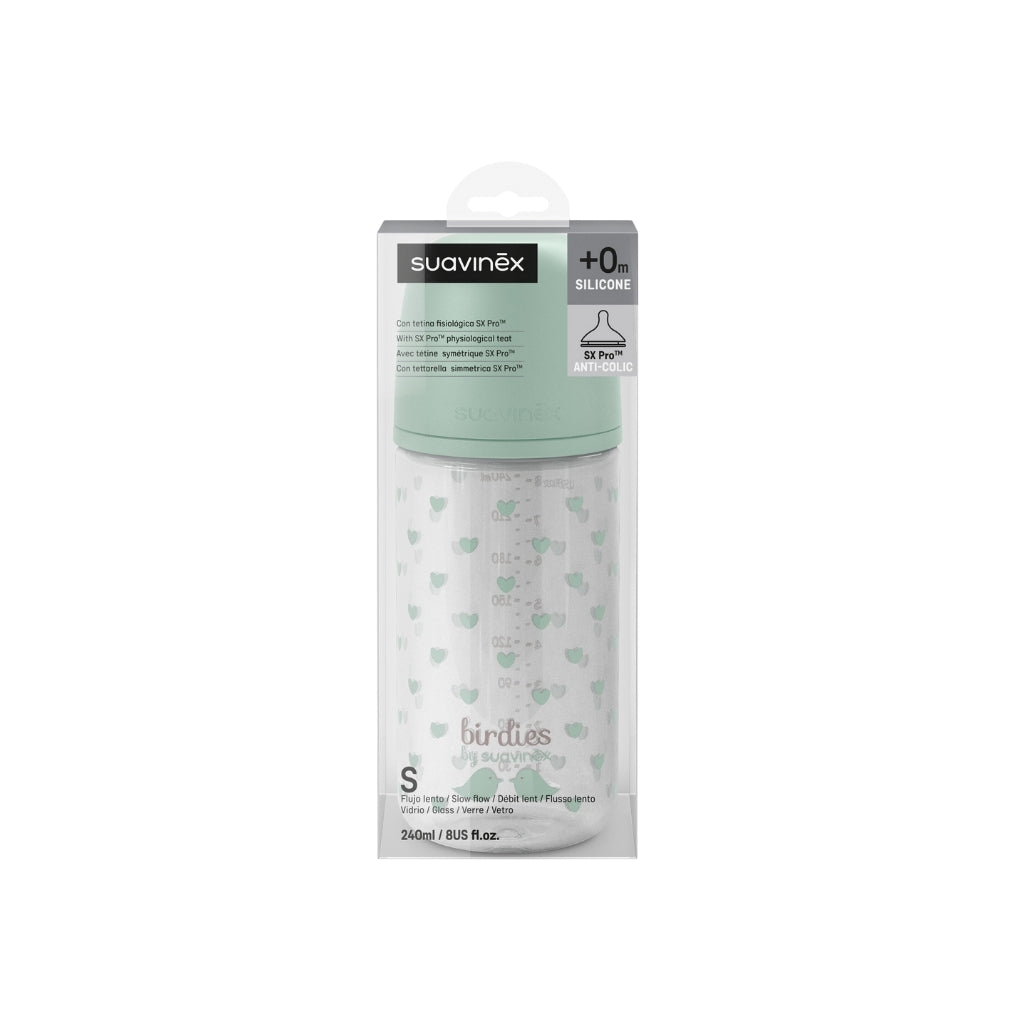 Suavinex Biberon en verre tétine SX Pro S Birdies vert 240 ml