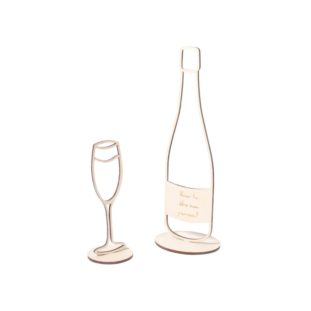 Woodie Goodie Aankondigingsdecoratie Champagnefles "Veux-tu être Mon Parrain?" Wood