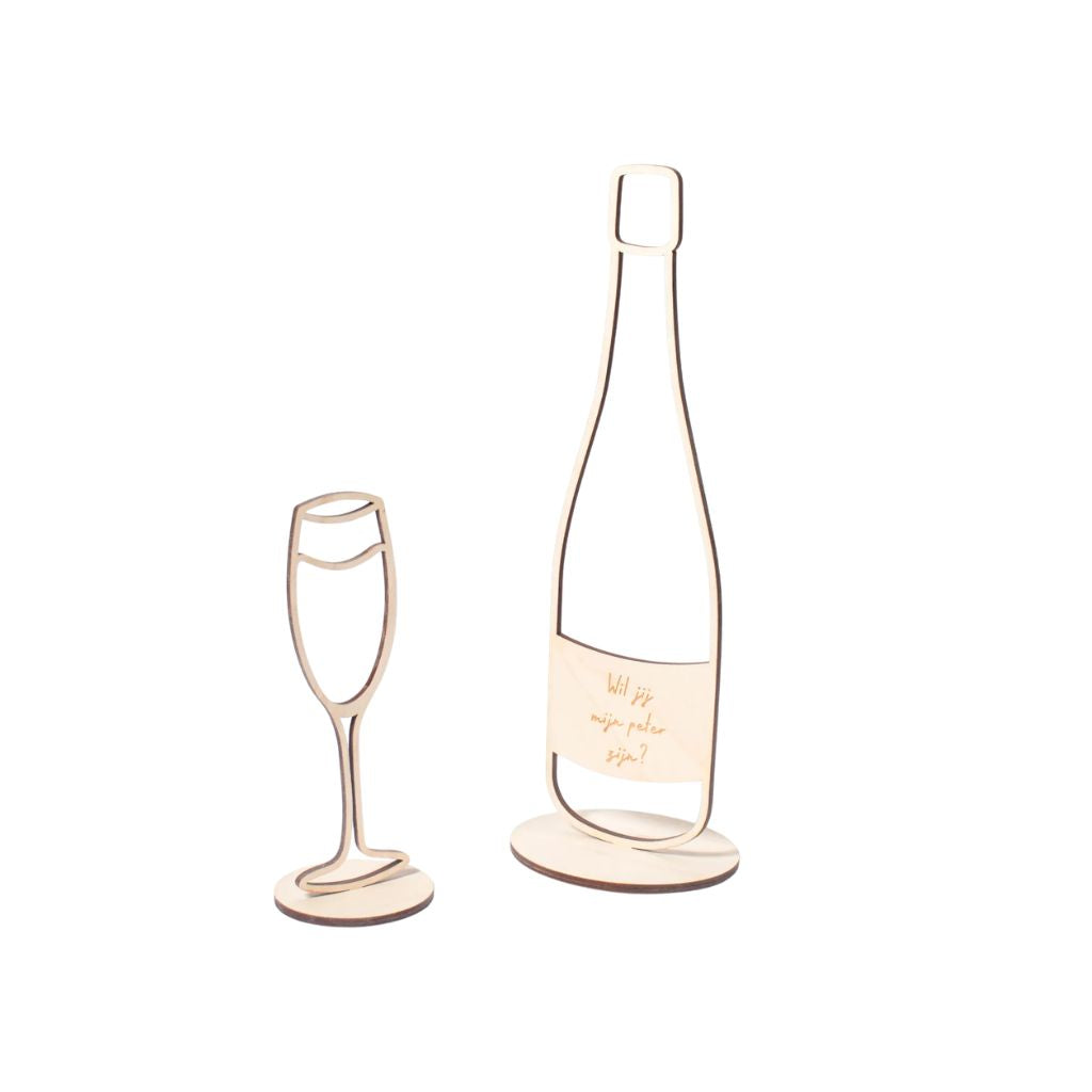 Woodie Goodie Aankondigingsdecoratie Champagnefles "Wil Jij Mijn Peter Zijn?" Wood