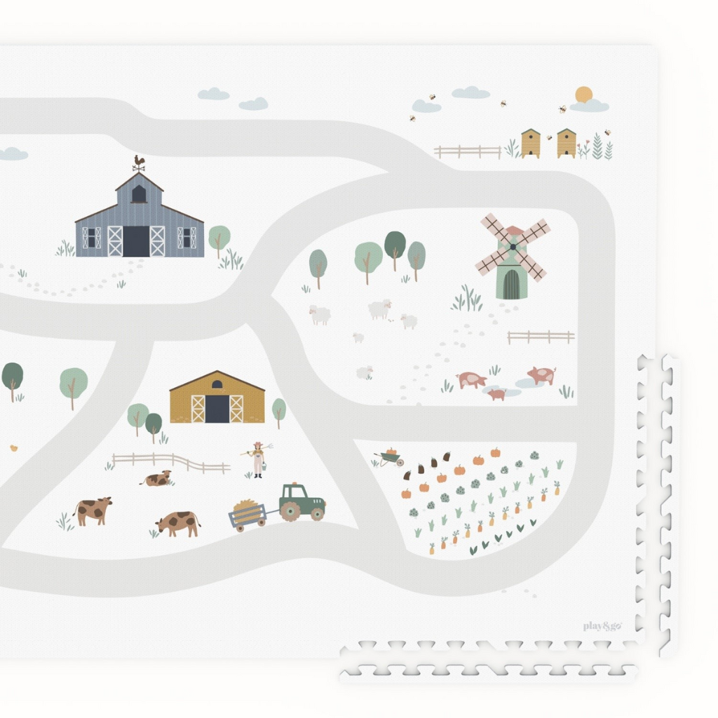 Play and Go Tiloo farm puzzlemat, storage box, and mini house