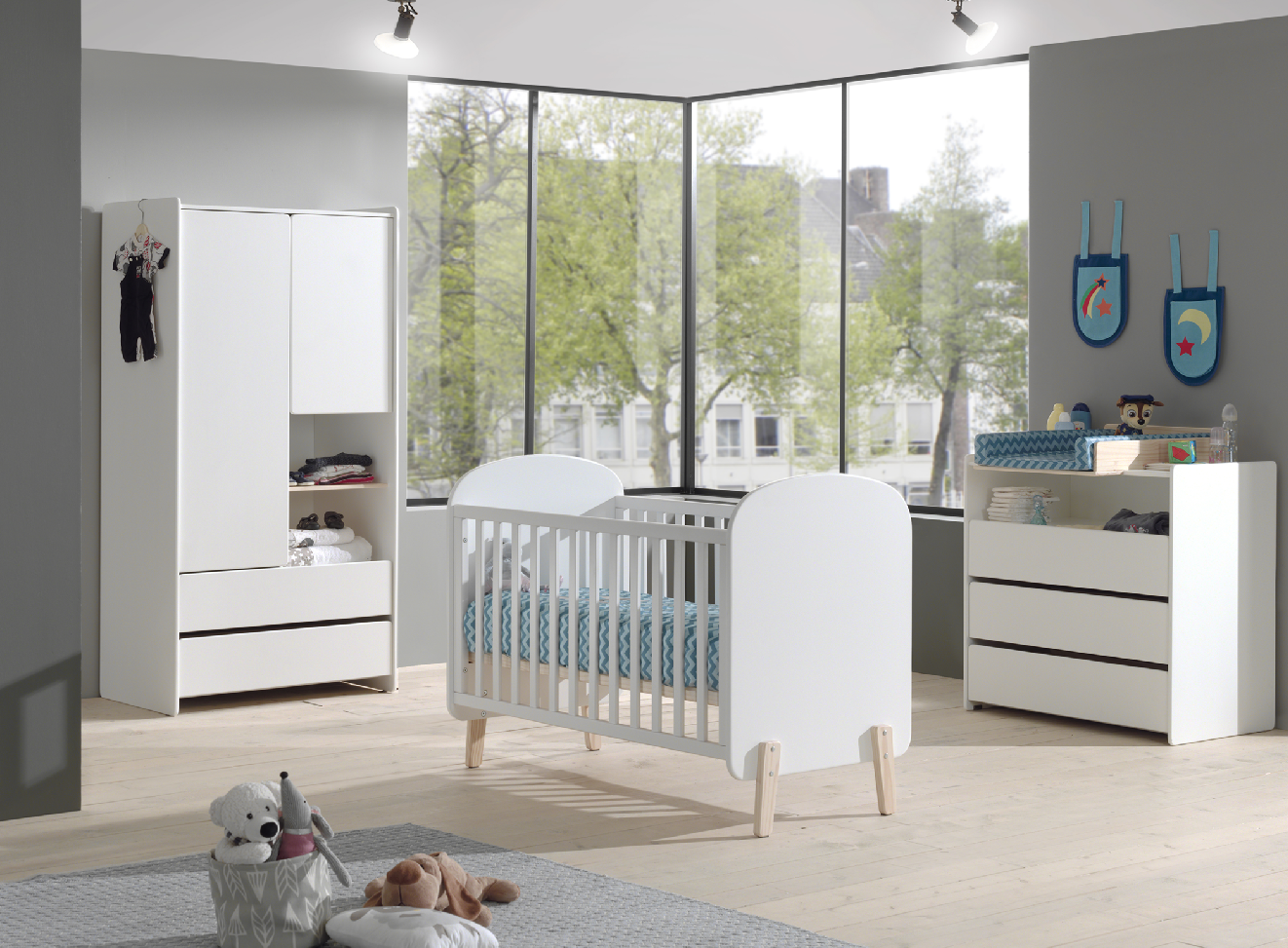 Jaxx Chambre de bébé (lit + commode avec rallonge + armoire 2 portes) Kiddy blanc