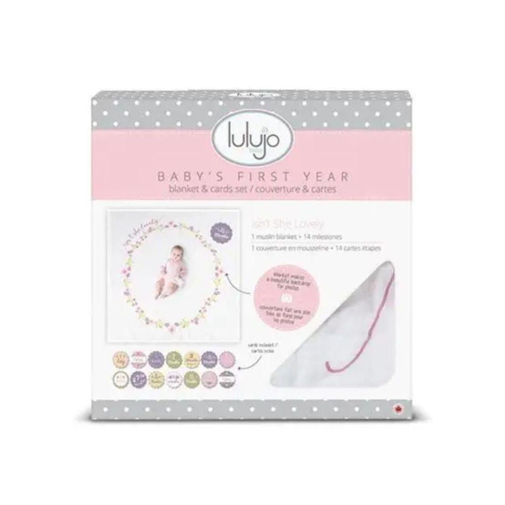 Lulujo Baby's First Year swaddle & cards set - 100 katoen - Isn't she lovely, incl.tetra deken 120x120,14cards (ENG)