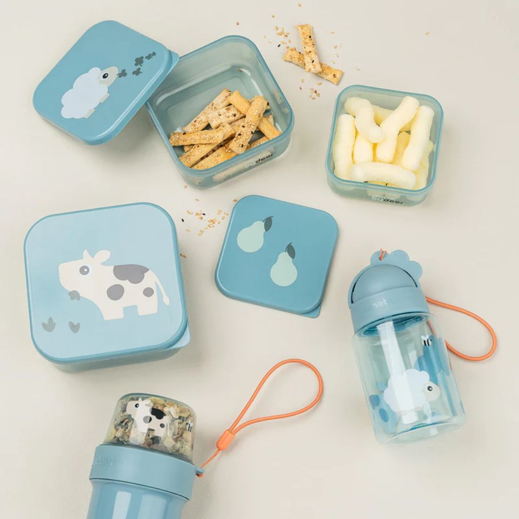 Done By Deer Drinkfles met rietje Playground Tiny Farm blauw 280 ml