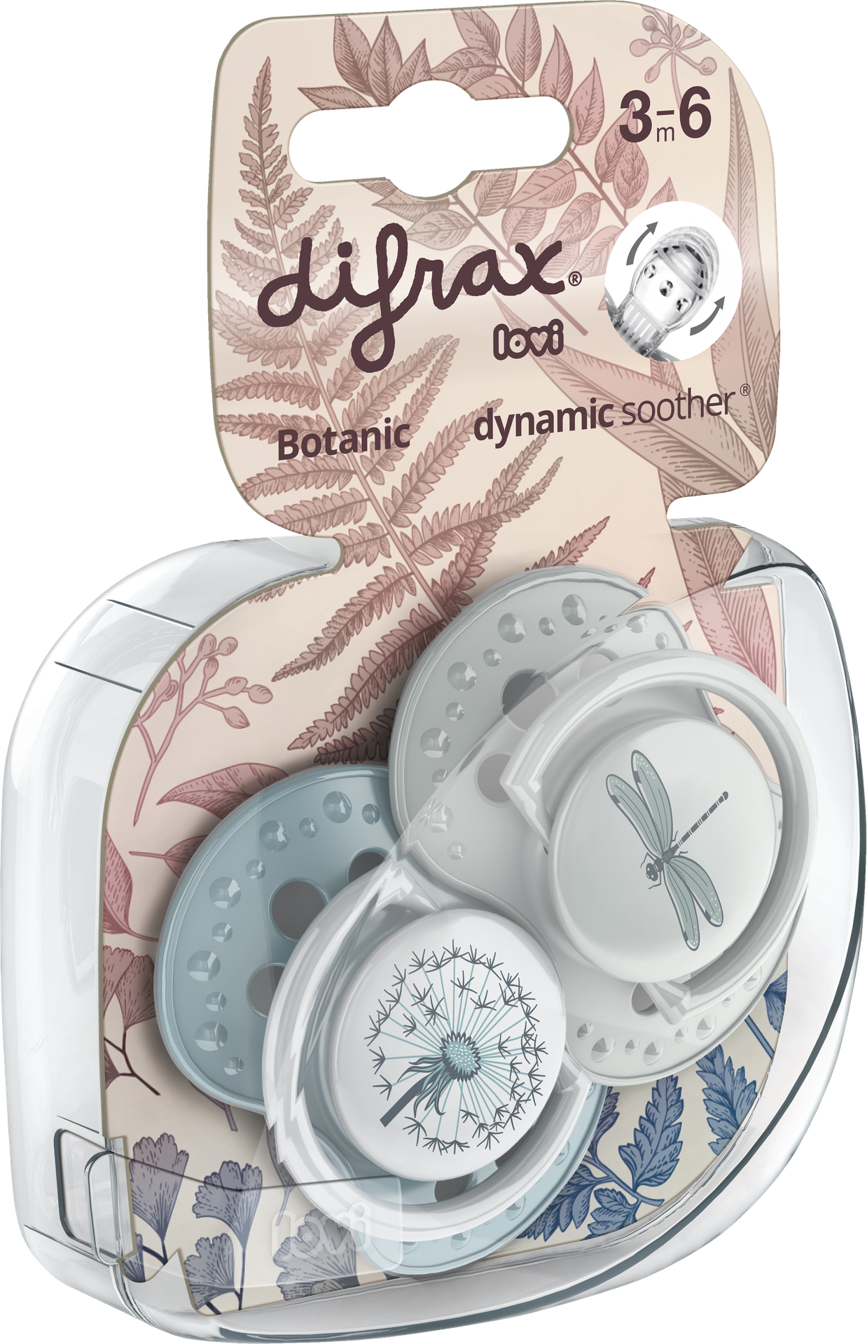 Difrax Sucette + 3 mois LOVI Dynamic Botanic  Green/Blue - 2 pièces