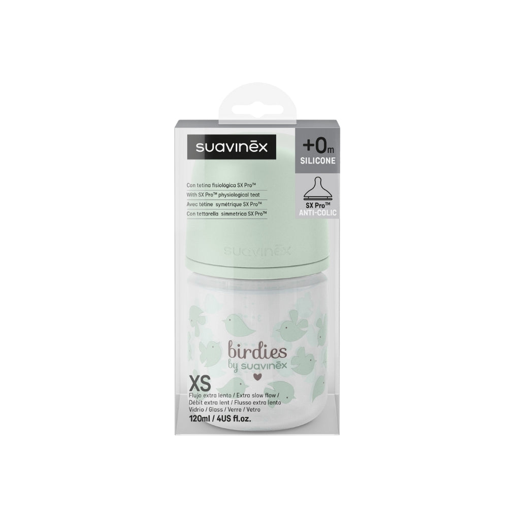 Suavinex Biberon en verre tétine SX Pro XS Birdies vert 120 ml