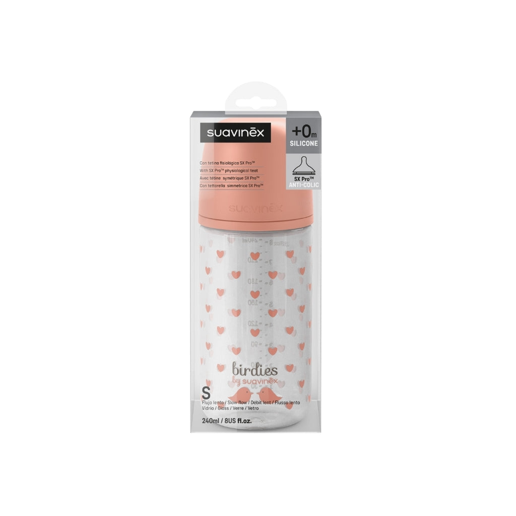 Suavinex Biberon en verre tétine SX Pro S Birdies rose 240 ml