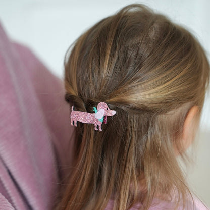 Busy Lizzie Haarclip met Teckel Glitter Roze