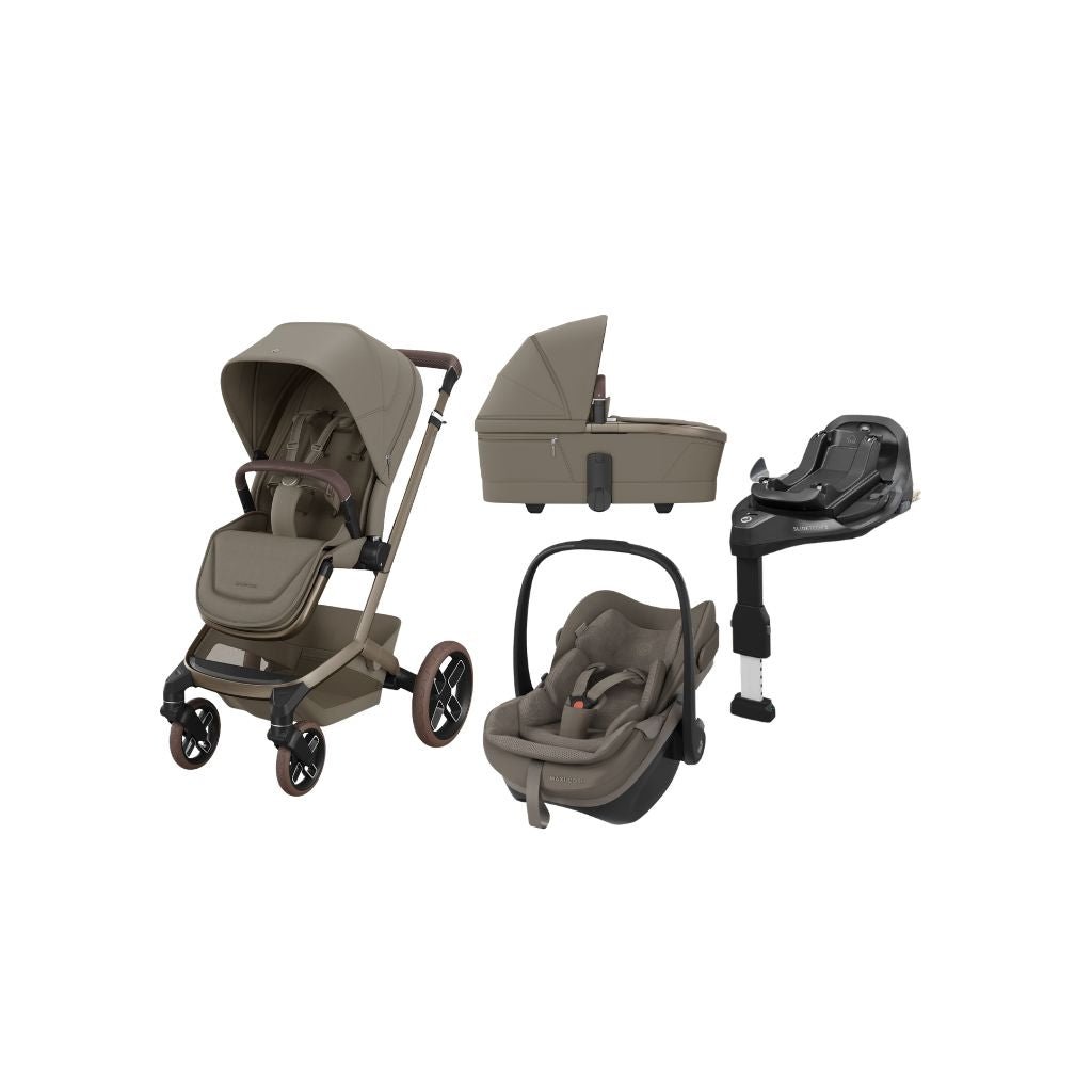Maxi-Cosi 3-in-1 Kinderwagen Fame Oak Truffle + Draagmand + Pebble Slide Pro Oak Truffle + Basis Familyfix Slide Pro