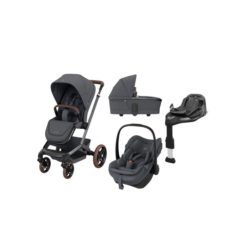 Maxi-Cosi 3-in-1 Kinderwagen Fame Moon Graphite + Draagmand + Pebble Slide Pro Moon Graphite + Basis Familyfix Slide Pro