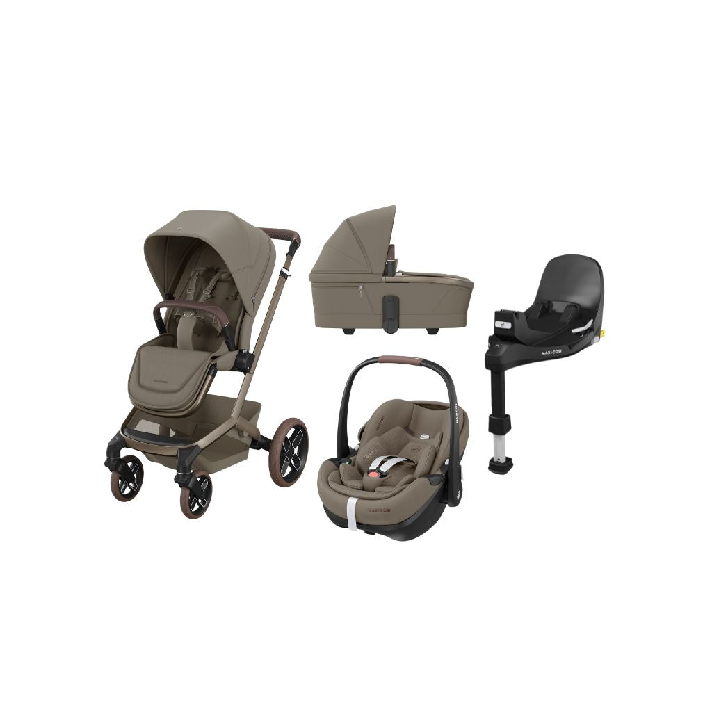 Maxi-Cosi 3-in-1 kinderwagen Fame Twillic Truffle + Draagmand Oak Truffle + Draagbare autostoel Groep 0+ Pebble 360 Pro2 Twillic Truffle + Basis FamilyFix 360 Pro