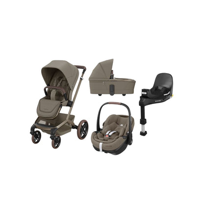 Maxi-Cosi 3-in-1 kinderwagen Fame Twillic Truffle + Draagmand Oak Truffle + Draagbare autostoel Groep 0+ Pebble 360 Pro2 Twillic Truffle + Basis FamilyFix 360 Pro