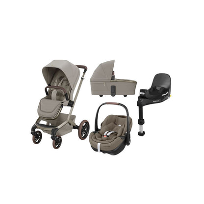 Maxi-Cosi Poussette 3 en 1 Fame Sapphire Sand + Nacelle Sapphire Sand + Siège-auto portable Groupe 0+ Pebble 360 Pro2 Twillic Truffle + Base FamilyFix 360 Pro