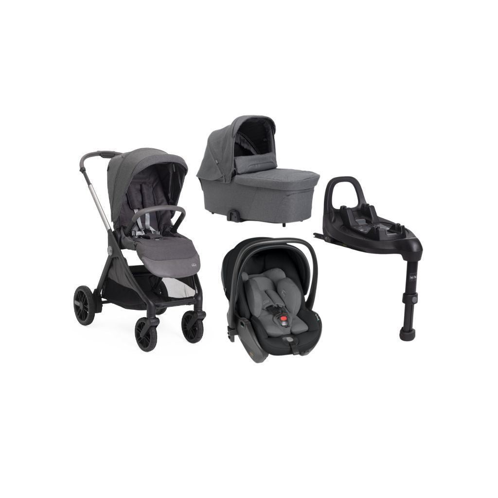 Chicco  Poussette 3-en-1 Trio Bellagio Black Satin + Nacelle Flexi Black Satin +  Siège Auto Portable Groupe 0+ First Seat Recline i-Size Black Satin + Base i-size 360° 