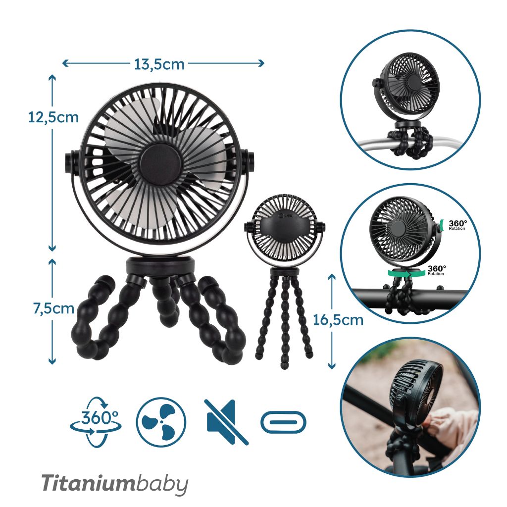 Titaniumbaby Oplaadbare Ventilator Wandelwagen Flexibel Black Universeel