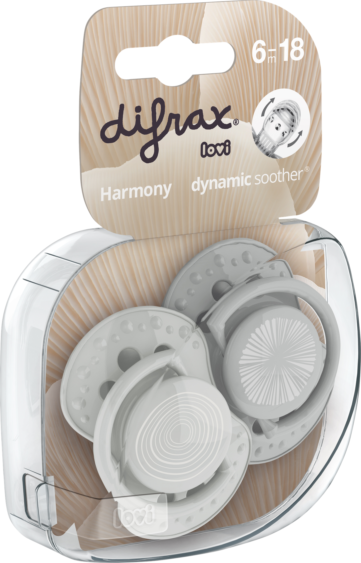 Difrax Sucette + 6 mois LOVI Dynamic Harmony Light Grey/Dark Grey - 2 pièces