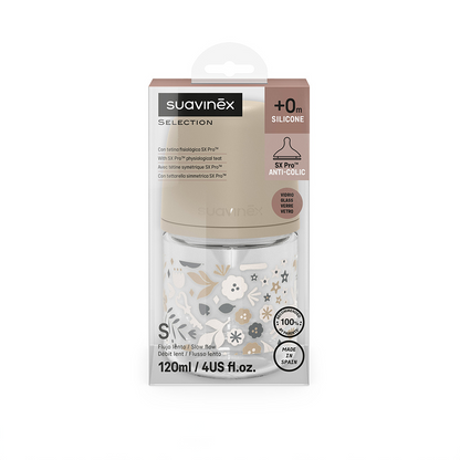 Suavinex Glazen zuigfles Wonderland 0+ trage melktoevoer 120 ml beige