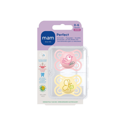 MAM Sucette + 0 mois Perfect Silicone rose/jaune - 2 pièces