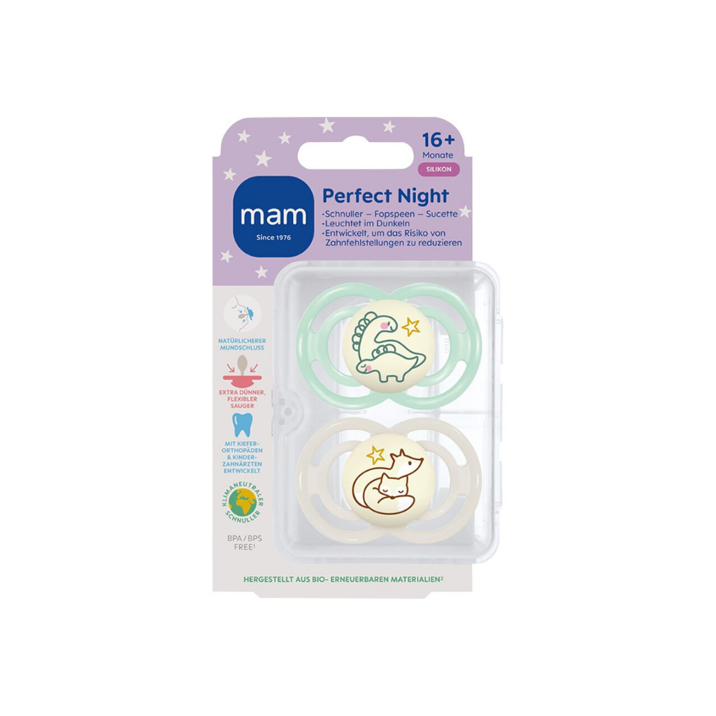 MAM Sucette + 16 mois Perfect Night Silicone beige/vert - 2 pièces