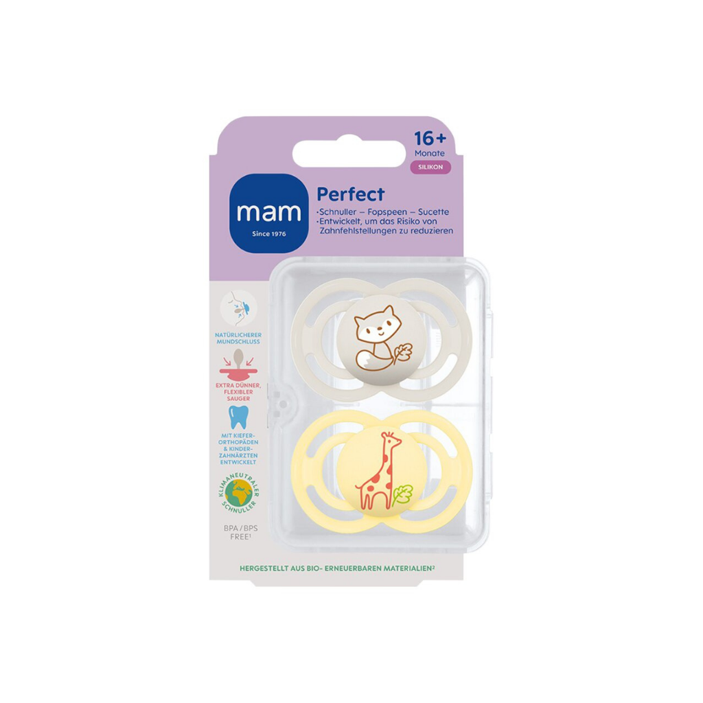MAM Sucette + 16 mois Perfect Silicone jaune/gris clair - 2 pièces